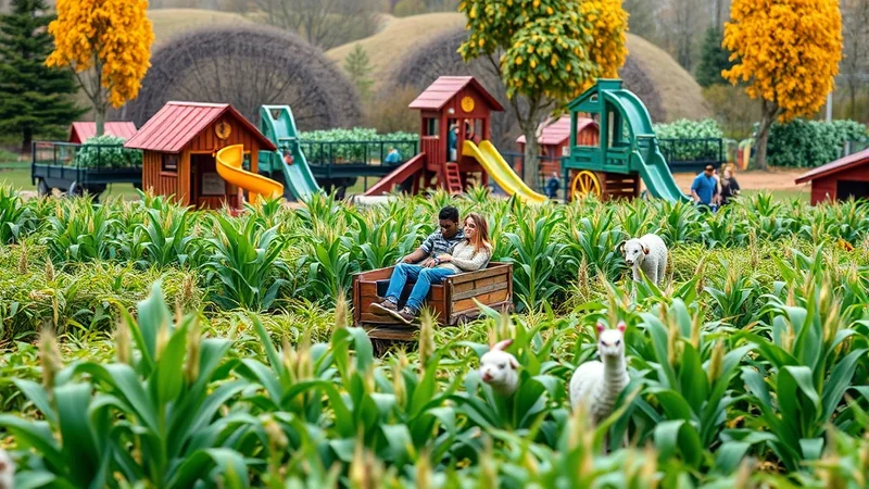A couple sits in a wooden cart in a cornfield, with a playground and farm animals in the background.