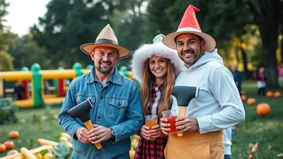 Three people in costumes, two men and one woman, are smiling and holding axes and drinks at an outdoor event with pumpkins and an inflatable structure in the background.