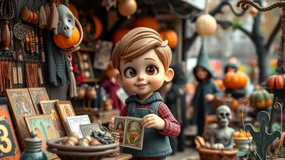 A stylized, cartoonish young boy with large eyes and brown hair, wearing a plaid shirt and denim overalls, holds up two small illustrated cards at a Halloween market stall filled with trinkets and pumpkins.