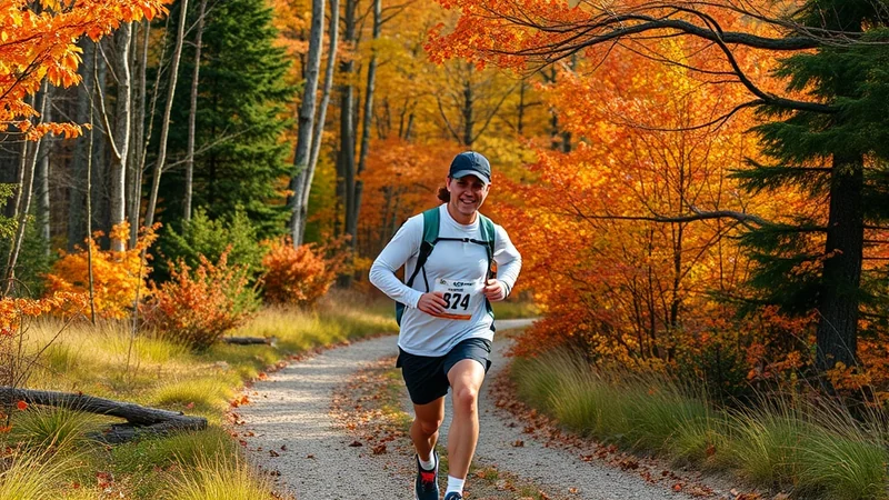 A runner wearing a bib number 374 and a backpack runs on a gravel path through an autumn forest with vibrant orange and yellow foliage.