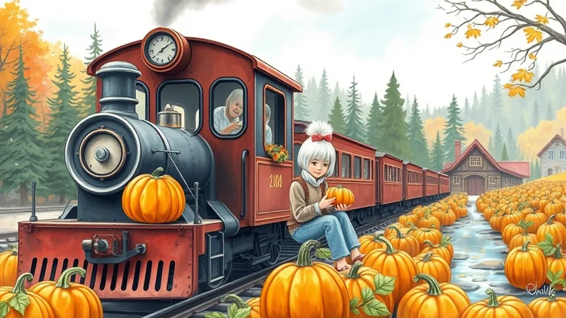 A young girl with white hair and a red bow sits on train tracks, holding a pumpkin, with a train behind her and a vast pumpkin patch stretching into the distance under a fall sky.