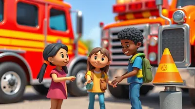 Three cartoon children, two girls and one boy, stand in front of two large red and orange fire trucks. The children are smiling and appear to be interacting with each other. A traffic cone with a smiley face is visible in the foreground.