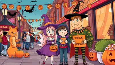 Three children in Halloween costumes, two dressed as witches and one as a wizard, stand on a street decorated for Halloween, holding candy buckets and a sign that says "Trick or Treat".