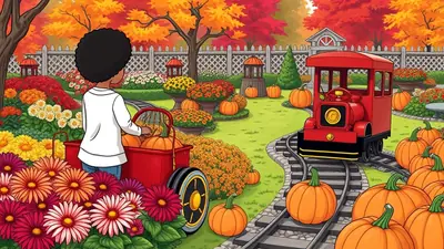 A young child with curly hair stands in a garden filled with colorful flowers and pumpkins, looking at a red toy train on tracks. The scene is set during autumn with vibrant fall foliage in the background.