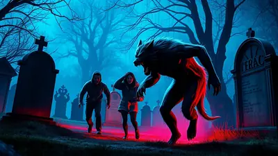 A terrifying werewolf lunges at two terrified people in a dimly lit graveyard at night. The scene is illuminated by eerie blue and red lights, casting long shadows from the tombstones and bare trees, creating a suspenseful and frightening atmosphere.