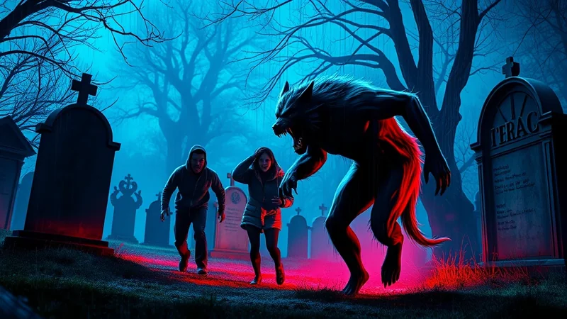 A terrifying werewolf lunges at two terrified people in a dimly lit graveyard at night. The scene is illuminated by eerie blue and red lights, casting long shadows from the tombstones and bare trees, creating a suspenseful and frightening atmosphere.