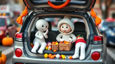 Two cute, stylized figures, one white and one in a white hooded outfit, sit in the open trunk of a car filled with Halloween candy and pumpkins. Orange decorations hang from the trunk lid, and pumpkins are visible outside the car, creating a festive Halloween atmosphere.