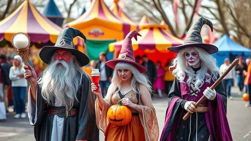 Three people in witch and wizard costumes stand in front of carnival tents. The person on the left has a long white beard and holds a staff with a glowing orb. The person in the middle holds a pumpkin and a drink. The person on the right holds a wooden staff.