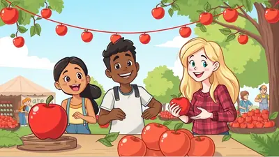 Three smiling children, two girls and a boy, are at an apple orchard or market, with strings of apples hanging overhead and baskets of apples on the ground. The girl on the right holds an apple, and the girl on the left stands next to a large apple on a wooden stand. The boy is in the middle, looking happy. In the background, two adults are visible near a tent and more apple displays.