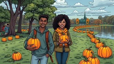 A young Black couple smiles at the camera, each holding a pumpkin, in a park decorated with a long line of pumpkins leading to a building with a steeple. The scene is set on a sunny autumn day with a lake and trees in the background.