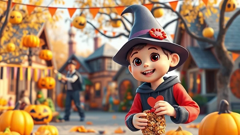 A cartoon child dressed as a witch for Halloween, holding a treat, stands in front of houses decorated with pumpkins and orange bunting.