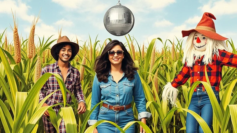 A man in a plaid shirt and hat, a woman in a denim shirt, and a scarecrow stand in a cornfield under a disco ball.