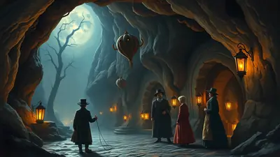 A group of people in historical clothing stand in a dimly lit cave with lanterns and a large moon visible outside. The scene has a mysterious and eerie atmosphere.