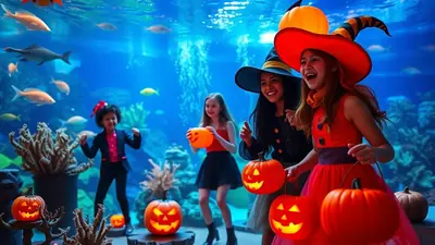 Three young girls in Halloween costumes, two dressed as witches and one in a suit, hold jack-o'-lanterns while standing in front of a large aquarium filled with fish.
