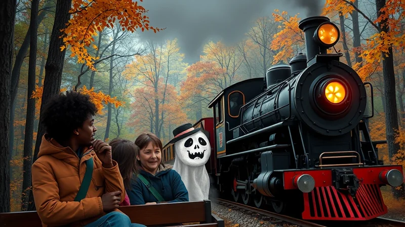 A group of people, including a person in a ghost costume, ride a vintage steam train through a forest during autumn, with colorful fall foliage visible.