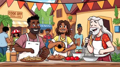 A diverse group of people are enjoying a lively outdoor cook-off event. In the foreground, three men are preparing food and entertaining the crowd, one with a microphone, another with a ukulele, and the third holding cooking utensils. The background shows a festive street scene with colorful banners and buildings, suggesting a community celebration.