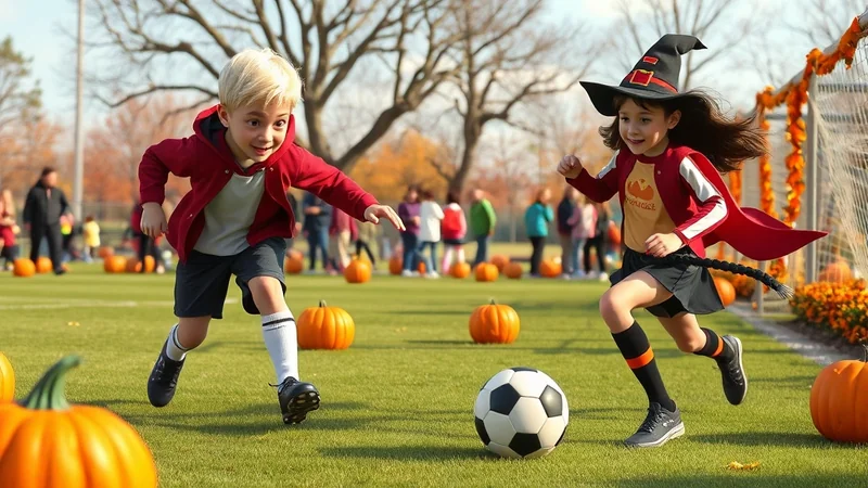 Two children, one dressed as a witch and the other in athletic wear, play soccer on a grassy field decorated with pumpkins and fall foliage.