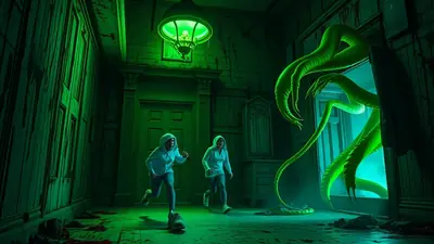 Two people in hoodies are running away from a large, green, tentacled creature emerging from a doorway in a dimly lit, green-hued room with blood splatters on the walls and floor.