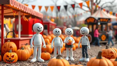 Four white, cartoonish figures with smiling faces stand in front of a display of pumpkins at an outdoor Halloween event. The figures are dressed in simple clothing, and one is holding a small pumpkin. In the background, there are stalls, tents, and people, suggesting a festive atmosphere.