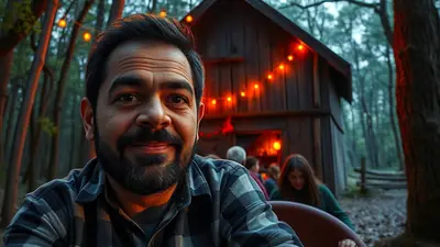 A man with a beard smiles at the camera in a close-up shot, with a rustic wooden cabin decorated with orange string lights in the background. Other people are visible inside and around the cabin, suggesting a gathering or party in a wooded, outdoor setting.