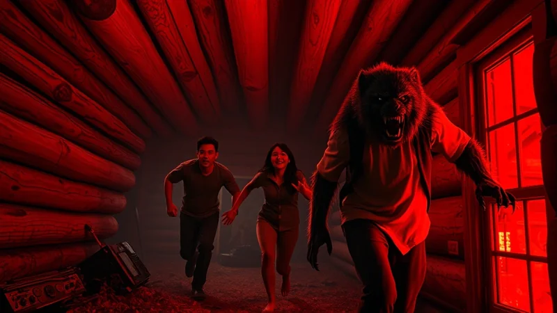A werewolf lunges out of a doorway in a log cabin as two people run away in terror, illuminated by a stark red light.