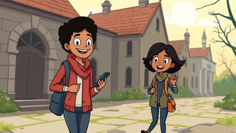 Two cartoon children, a boy and a girl, stand on a cobblestone path in front of old buildings. The boy on the left holds a smartphone and wears a red jacket and scarf. The girl on the right waves and carries a satchel.