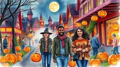 Three friends, dressed in casual fall attire, walk down a street lined with colorful buildings and glowing jack-o'-lanterns under a full moon, all smiling and carrying pumpkins.