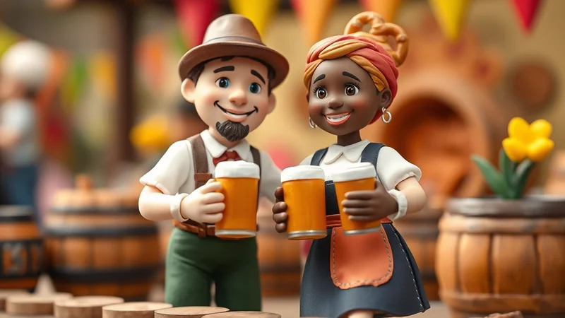 A cartoon man and woman in traditional German attire, holding steins of beer and smiling at a festival.