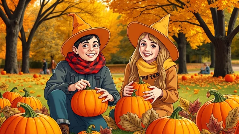 Two children in witch hats and scarves are sitting in a park filled with pumpkins and autumn leaves, holding pumpkins and smiling.