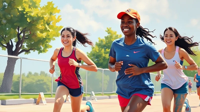 Three women of diverse ethnicities are running a race on a sunny day. The woman in the center wears a blue shirt and an orange baseball cap, while the woman to her left wears a red and black tank top, and the woman to her right wears a white tank top. They are all smiling and appear to be enjoying the race.
