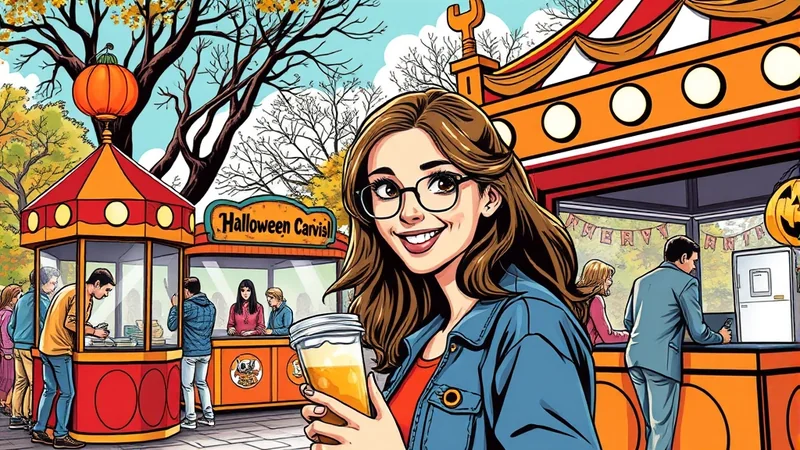 A young woman with brown hair and glasses smiles at the camera, holding a cup of orange liquid. She is at a Halloween carnival with booths and people in the background.
