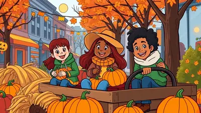 Three smiling children in a wagon filled with pumpkins and hay, with autumn trees and buildings in the background.