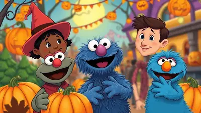 Three Sesame Street characters, Rosita, Grover, and Elmo, are dressed up for Halloween with pumpkins and decorations in the background.
