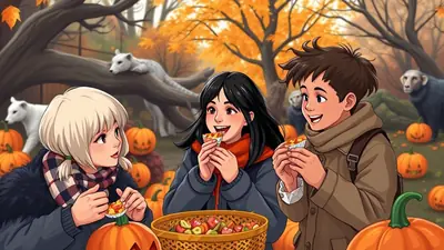 Three anime-style children are enjoying snacks in a park decorated with pumpkins and autumn leaves. Two white dogs and two dark-colored dogs are visible in the background, adding to the whimsical Halloween atmosphere.