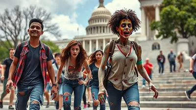 A group of people dressed as zombies are walking towards the camera with the U.S. Capitol building in the background.