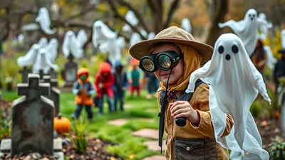 A child wearing a hat and goggles looks through binoculars in a graveyard decorated with ghost inflatables for Halloween, with other children in the background.