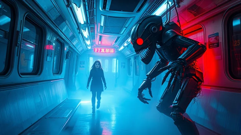 A terrifying, metallic alien creature with glowing red eyes and sharp claws stands in a dimly lit subway car, facing a young woman in a dark coat. The scene is illuminated by eerie blue and red lights, creating a suspenseful and horror-filled atmosphere.