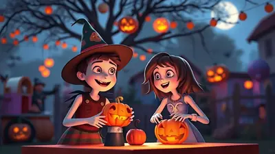 Two cartoon children, one dressed as a witch, are carving pumpkins on a table outdoors at night, with jack-o-lanterns and Halloween decorations visible in the background.