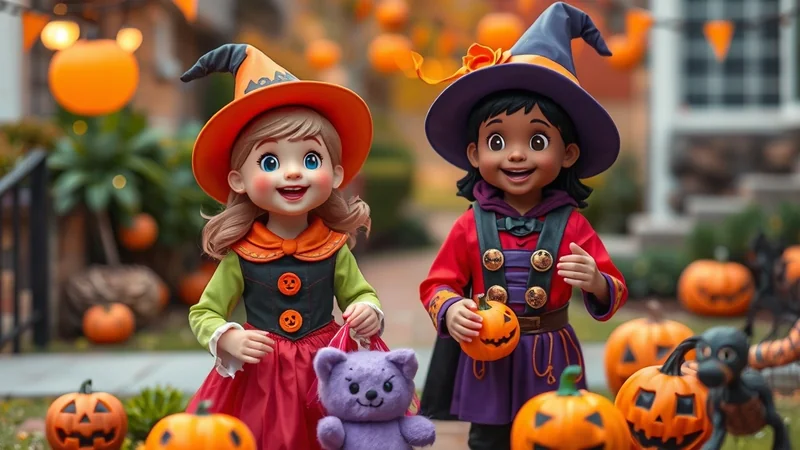 Two cartoon children dressed as witches, one with blonde hair and the other with dark hair, stand in front of a house decorated for Halloween with pumpkins and orange lights. The child on the left holds a purple teddy bear, and the child on the right holds a small pumpkin.