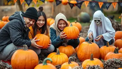 A group of four people, including one dressed as a skeleton ghost, are gathered around a pile of pumpkins in an outdoor setting decorated for Halloween.