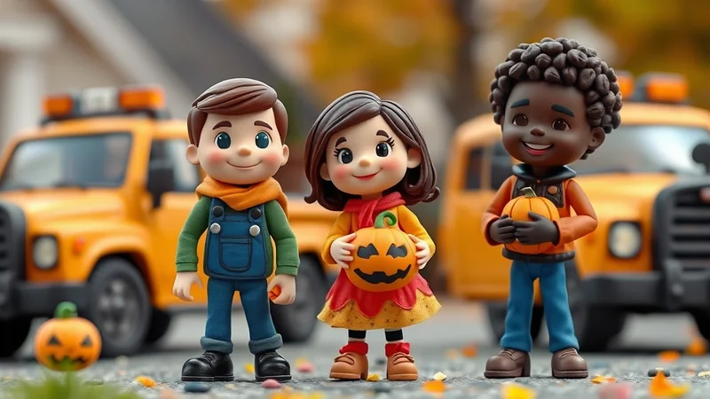 Three cartoon children, two boys and one girl, stand in front of yellow trucks, holding pumpkins. The children are dressed for autumn, with scarves and overalls. The scene is set outdoors with fallen leaves on the ground, suggesting a fall or Halloween theme.