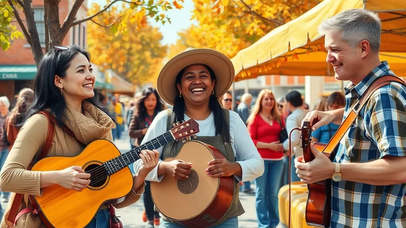 Three people are playing acoustic guitars outdoors on a sunny day. The person on the left is a woman with dark hair wearing a tan scarf and playing a light brown guitar. The person in the middle is a woman wearing a wide-brimmed hat and overalls, laughing heartily while playing a tan guitar. The person on the right is a man with gray hair wearing a blue plaid shirt, tuning his guitar. They appear to be performing for a crowd in the background, with autumn leaves visible on the trees.