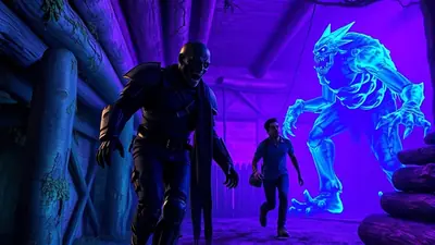 A man in a blue shirt runs from a menacing, glowing blue monster in a dark, wooden structure illuminated by purple light. Another shadowy figure stands in the foreground, facing the man.
