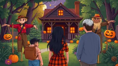 A family approaches a charming, dimly lit house on Halloween night, flanked by scarecrows holding jack-o'-lanterns, with pumpkins scattered across the lawn.