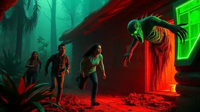 A terrifying creature with glowing green eyes and sharp claws emerges from a window of a rustic cabin, while three people flee in terror through a dimly lit, misty forest bathed in red and green light.