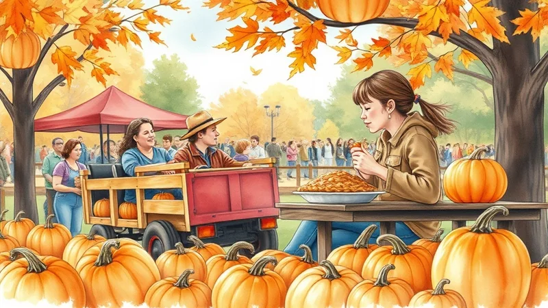 A group of people enjoy a fall festival, with pumpkins and autumn leaves visible. A young woman sits at a table eating a slice of pie, while others are in a wagon or standing in the background.