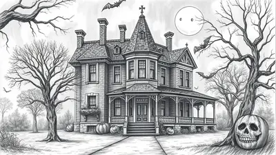A black and white pencil drawing of a Victorian haunted house on a hill under a full moon with bats flying around. The house has a large porch with columns and a steep roof with a turret. There are bare trees on either side of the house, and a large jack-o'-lantern with a skull face is in the foreground.