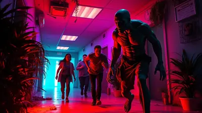 A terrifying zombie chases three terrified people down a dimly lit hallway with red and blue neon lights. The zombie is gaunt and muscular, with glowing red eyes, while the people are running in fear.