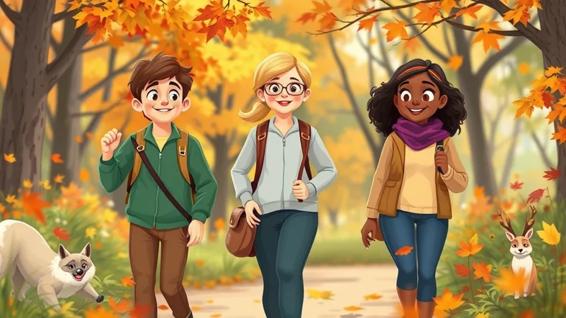 Three diverse cartoon children and two whimsical woodland creatures, a dog and a deer with antlers, walk along a path in a vibrant autumn forest with colorful falling leaves.
