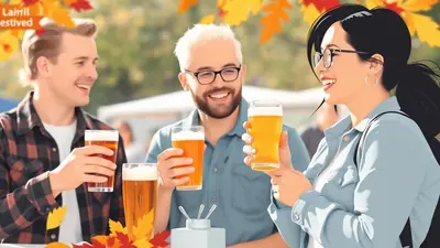 Three friends are toasting with glasses of beer at an outdoor festival, with autumn leaves decorating the scene.